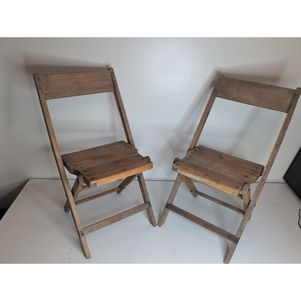 Lot Of 2 Antique Vintage Slat Wood Folding Chairs Snyder Chair Co. USA